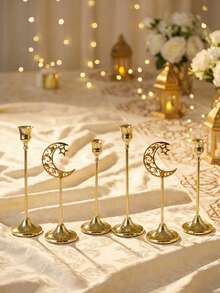 斋月月亮/星星烛台，金色金属锥形烛台套装，装饰烛台，适用于餐桌、家居装饰、房间装饰、派对和节日装饰，饰有星星、月亮和灯笼图案 - 送给家人和朋友的完美礼物 - 金色 - 查看 15
