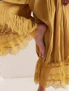 Pantalones bombachos de encaje con retazos de tiro medio para mujer, estilo Y2K, con volantes, acampanados y bonitos pantalones largos tipo calabaza. - Amarillo - Ver 4