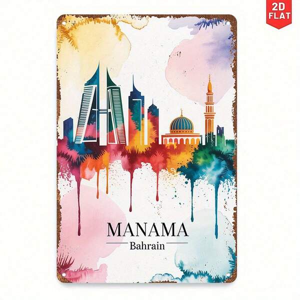 2D Flat - 1pc 12x8inch Aluminum 2D Flat [2D Flat] Room Decor 1pc Vintage-Inspired Metal Wall Art Sign, "MANAMA Bahrain" Cityscape Design, Colorful Abstract Skyline Illustration, Aluminum, Ideal For Home & Office Decor, Bedroom, Living Room, DIY Creative Gift