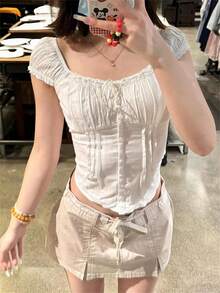 Women Y2K Button Down Shirt Cute Short Sleeve Square Neck Ruffle Trim Fitted Crop Top Retro Fairy Grunge Lace Patchwork Frilled Tees Summer Streetwear Going Out Coquette Blouse - trắng - Xem 3