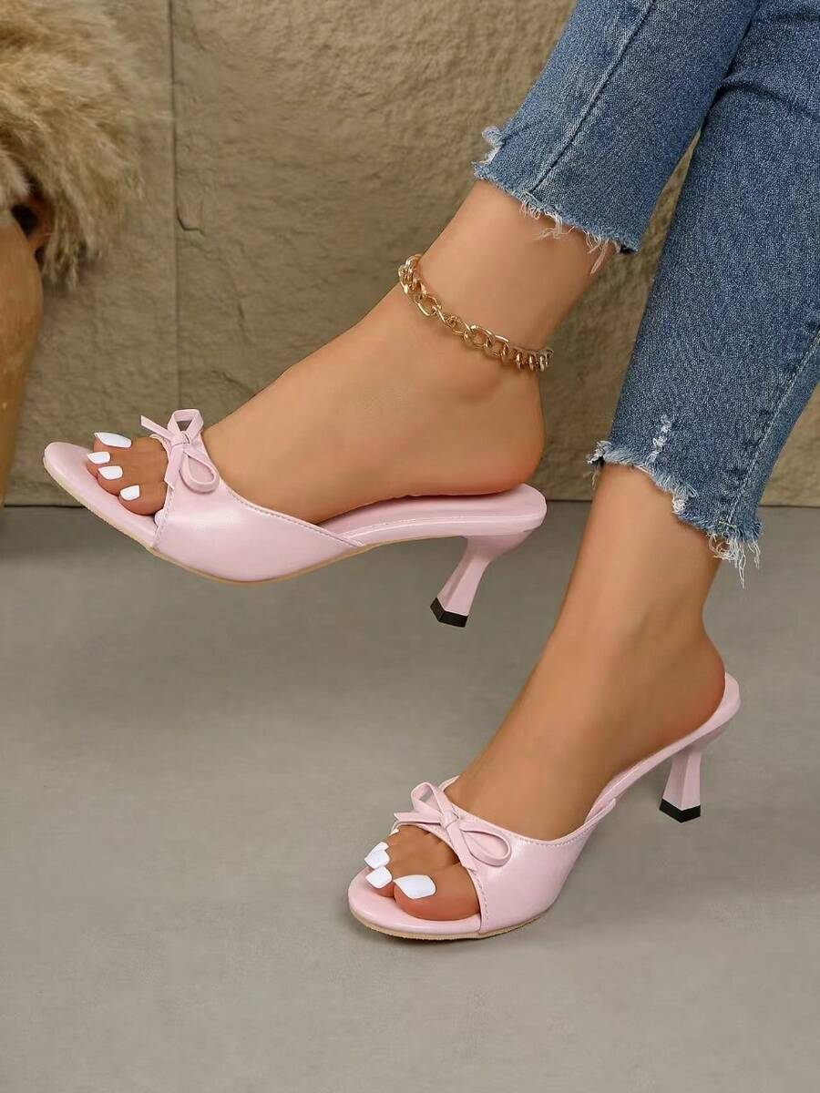 女士时尚蝴蝶结派对仙女PU皮法式高跟凉鞋，夏季露趾套脚高跟鞋，细跟粉色拖鞋