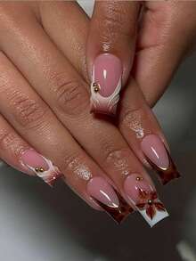 24片长方形3D凝胶美甲贴纸，可打造豹纹、花卉、法式美甲等多种图案，完美贴合指尖。套装包含：1瓶果冻凝胶和1把指甲锉。棕色美甲贴纸让您的指尖闪耀动人，适合女性日常工作和派对场合。美甲用品 - 彩色 - 查看 3