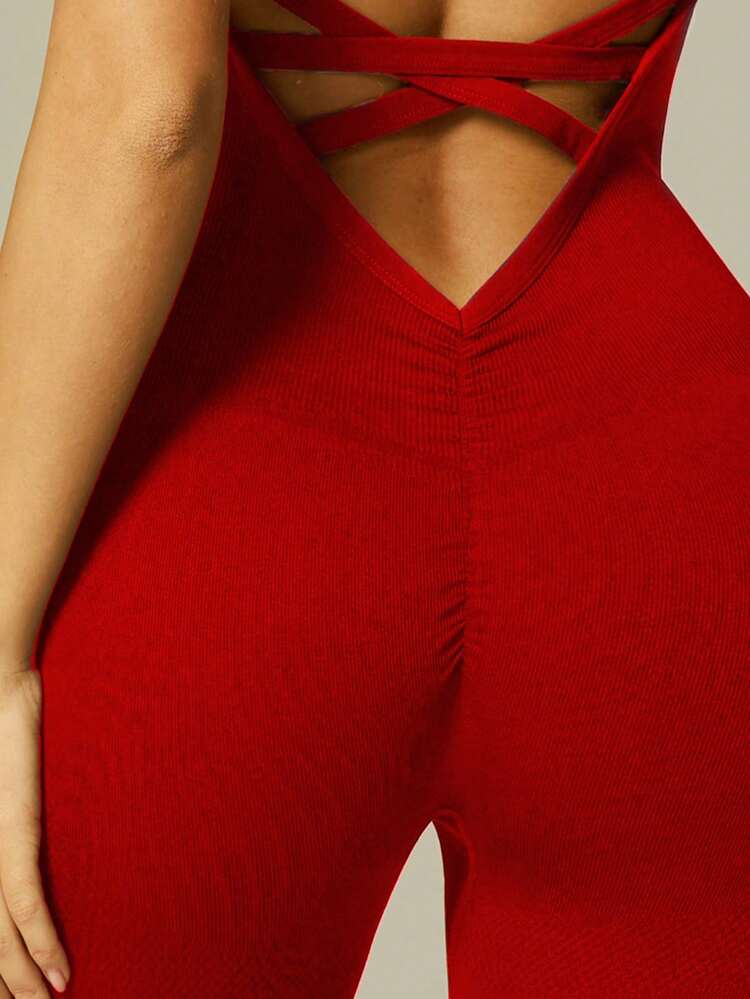 Women's Christmas Red Camisole Jumpsuit - Cross Back Slim-Fit Bodysuit, Tummy Control & Lifting Effect, Ideal For Yoga, Workout & Beach - 紅色 - 查看 7