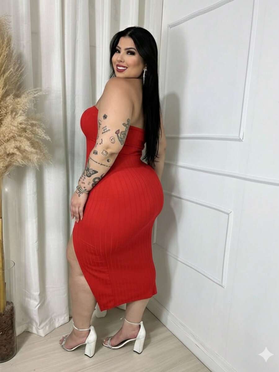 Helena Luxury Red Midi Dress With Ribbed Strapless Detail, Plus Size - Red - View 1