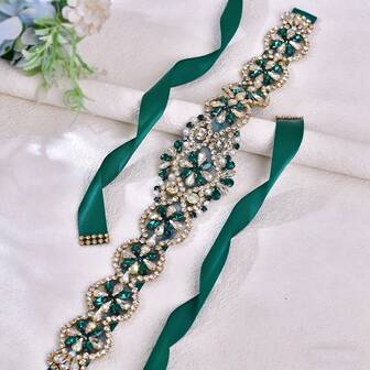 1 st smaragdgrönt bröllopsbälte, elegant brudaccessoar, lämplig för bankett och sammankomster, handgjort klassiskt brudbälte, personligt hålgrönt klänningsfestdekor strassrem