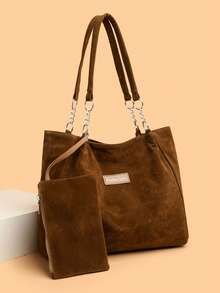 Set de 2 bolsos de mujer, bolso de hombro y mochila de tela de ante, gran capacidad para compras, viajes, con monedero - Marrón - Ver 11