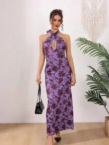 Vestido largo elegante de mujer con estampado floral diminuto, vestido de fiesta para playa con abertura en la espalda y detalle de nudo en el frente sin mangas para verano y vacaciones - Morado - Ver 7