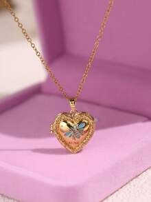 复古浪漫金色不对称相框项链，蓝白树脂心形贝壳项链，优雅多层女士首饰，相框项链（不含包装盒） - 彩色 - 查看 13