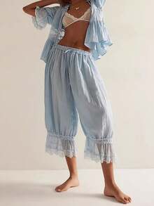 Women Y2K Half Slip Under Dress Pettipants Mid Rise Lace Patchwork Bloomers Trousers Ruffle Pantaloons Cropped Flared Pants Cute Pumpkin Long Pants - Màu xanh nhạt - Xem 4