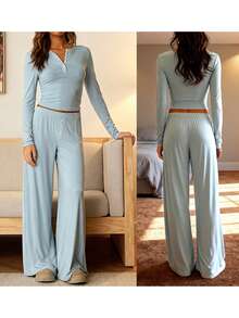 2Pcs Pajamas Sets For Women Long Sleeve Crew Neck Solid Color Upper Button Down Tops And Elastic Waist Pants Lounge Wear - Màu xanh lam - Xem 5