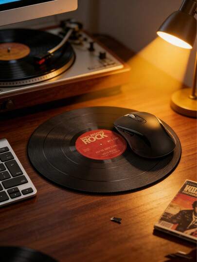 (Cantidad mínima de pedido 1 pieza) Alfombrilla de ratón redonda con estilo de disco de vinilo negro vintage, adecuada para oficina y juegos. Alfombrilla de ratón talla grande vendida para comercio transfronterizo. Alfombrilla de ratón creativa con tema de gato mascota de dibujos animados realistas para eSports y oficina con patrones de anime.