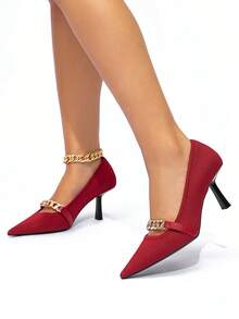 Damen modische einfarbige Spitzschuh Stiletto High Heel Schuhe, Ketten-Dekor Stoff Pumps für Pendeln und Dates, ganzjährig - Rot - Übersicht 3