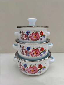 3pcs Multi-Color Enamel Cookware Set, Thick Double-Ear Enamel Cooking Pot, Suitable For Gas & Induction Cooktop, Includes Soup Pot, Milk Pot, Cartoon Cute Enamel Bowl With Handle