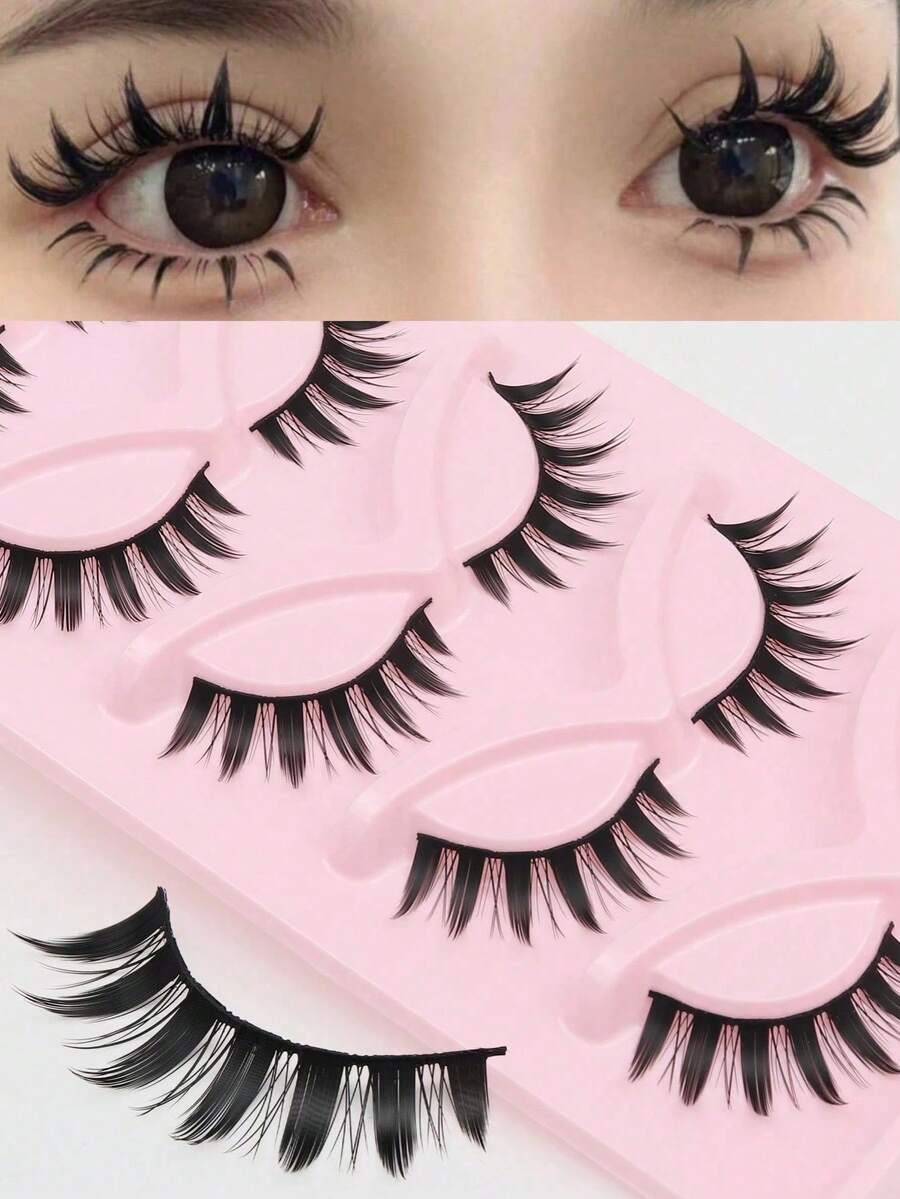 5对漫画风格假睫毛，多层自然交叉浓密假睫毛，美丽时尚专业卷翘睫毛