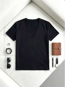 GRDR All-Match V-Neck Short Sleeve T-Shirt, Casual & Versatile, Spring/Summer - Black - View 3