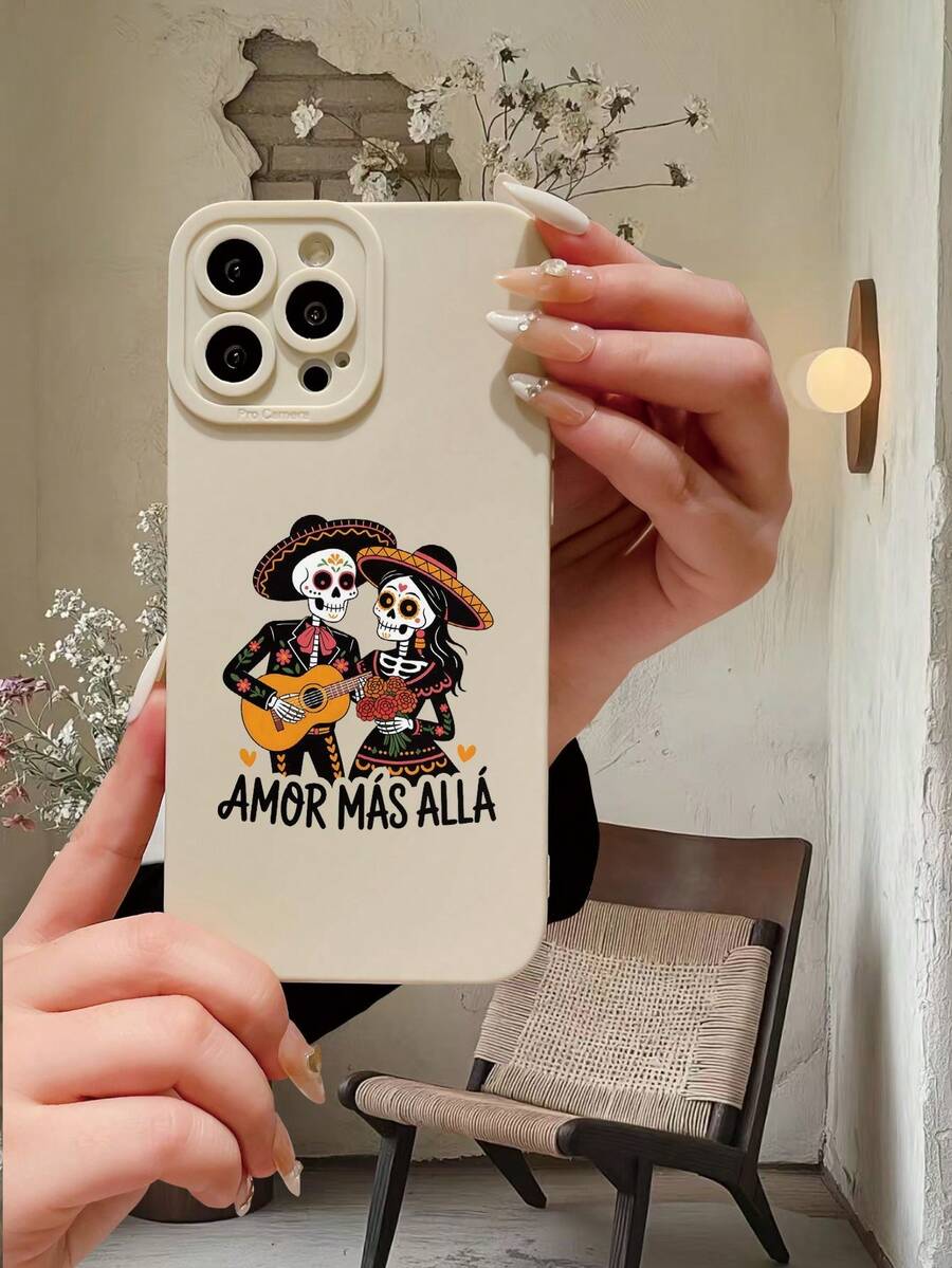 1 Peça Capa de Telefone Grossa e à Prova de Choque em TPU Bege com Padrão de Elemento de Casal Esqueleto do Dia dos Namorados, Unissex, Compatível com iPhone 17 Pro Max/16/15/14/13/12/Galaxy/Vivo/Série OPPO - Bege - Visão 1