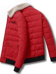 [​]Chaqueta acolchada corta ajustada de cuello de solapa de felpa de cordero extra gruesa para hombre, invierno, diseño cálido y elegante - Rojo - Ver 8