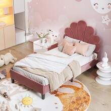 Upholstered Children's Bed 90 X 200 Cm, Bed Frame With Flower-Shaped Headboard And Slatted Base, Teen Girl's Bed In Skin-Friendly Velvet Fabric, Guest Bed (Color: Bean Red) - 西瓜粉 - 查看 9
