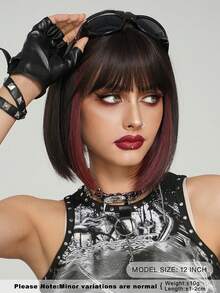AKAKO Tóc giả ngắn màu đen có mái, dài 12 inch, kiểu tóc bob thẳng cho nữ, màu đen pha nâu đỏ, sợi tổng hợp mềm mại, chịu nhiệt, nhiều màu sắc, kiểu tóc hóa trang anime, thích hợp cho mặc hàng ngày và các dịp lễ hội, lễ hội âm nhạc, cosplay, phụ kiện dự tiệc, phong cách đường phố Y2K cá tính và Gothic. - Đánh dấu màu đỏ - Xem 4