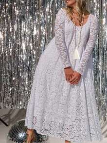 大码女士优雅露肩长裙 - 适合正式和休闲场合，可机洗无弹力涤纶面料，飘逸的裙摆适合派对、婚礼、日常穿着，夏季时尚，蕾丝细节，精致蕾丝，时尚连衣裙，时尚爱好者白色度假春季之选 - 白色 - 查看 1