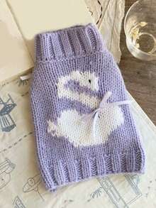 1 pieza Sudadera con estampado de cisne morado con falda de lazo de fresa, Sudadera de invierno/otoño para perros y gatos pequeños, Ropa de mascota cálida con capucha - Morado - Ver 1