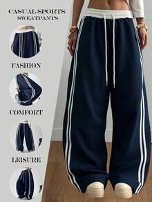 Women's Contrast Trim Drawstring Side Stripe Casual Lounge Pants - Navy Blue - View 5