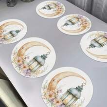 2/4/6 Elegant Ramadan Crescent Moon Lantern Placemats - 15.0 Inch Round Placemats Decorated With Floral Crescent Moon Pattern, Suitable For Party Dining And Holiday Decor. Also Suitable For Home Decor, Holiday Table Decor, Farmhouse Holiday Decor, Farmhouse Style Decor, Washable Placemats, Durable Material, Holiday Table Decor, And Home Entertainment. - Multicolor - View 9
