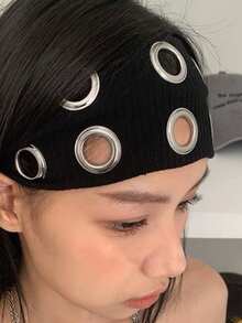 1pc Hollow Circle Elastic Headband, Y2K Retro Punk Rock Music Festival Headpiece Hair Accessories - Round Hole Hairband - View 1
