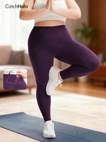 Plus Size Women's Solid Color Sports Yoga Leggings With Pockets, High Elasticity, Suitable For Running, Gym Workout - 紫色 - 查看 9