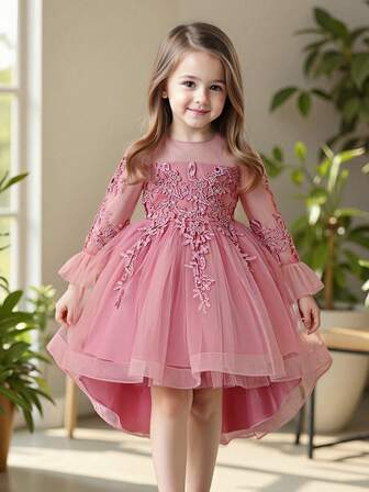 Girls' Long Sleeve Lace Trim Tulle Puff Dress With Applique, Spring/Summer Princess Dress
