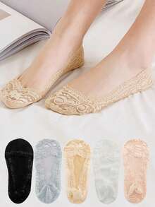 5 Pairs Girls' Summer Silicone Lace Boat Socks, Invisible Non-Slip Liner Socks - Multicolor - View 3