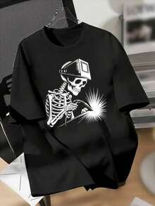 Camiseta gráfica casual para hombres - Estampado de calavera e industrial, letras en negrita, cuello redondo de manga corta, camiseta ligera de verano para estilo streetwear, camiseta de moda urbana |     Camiseta gráfica llamativa |     Camiseta de impresión duradera - Negro - Ver 1