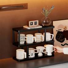 3-Tier Modern Black Storage Rack, Multi-Layer Shelf - Freestanding Multilayer Storage Rack, Black Frame, Suitable For Kitchen, Bathroom And Bedroom - Space-Saving Home Decor Shelving Unit, Simple Design, Durable, Easy To Clean, Combines Aesthetics And Functionality, A Versatile Compact Storage Solution. Great For Displaying Books, Cups And Small Items. Desktop Organizer, Multifunctional Desktop Storage Rack. With Cup Holder. - Black - View 5