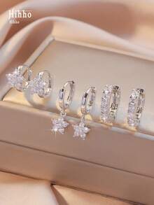 Hihho 6 件闪亮 Cz 宝石镶嵌花朵吊坠耳环和环形耳环套装，奢华珠宝礼物情人节、妈妈、母亲、母亲节、礼物