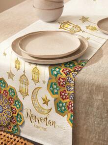 1pc Middle Eastern Ramadan Star & Crescent Lantern Print Linen Table Runner, Suitable For Festivals, Parties, Birthdays, Dinners, Kitchen & Dining Room Decor, Shoe Cabinet & Storage Cover, All Season Home Decor - Multicolor - View 3