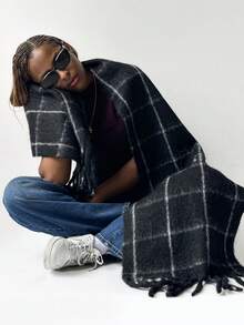 1 Stück Damen Winter Wollmischung Große & Dicke Überwurf Oversize Warmer Decken-Schal, Flauschiger Langer Schal mit Gittermuster und Quasten in kräftiger Farbe