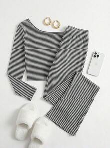 Aloruh 女式露肩条纹印花长袖上衣和裤子睡衣套装条纹两件套休闲两件套两件套休闲套装女士秋季服装 - 彩色 - 查看 8