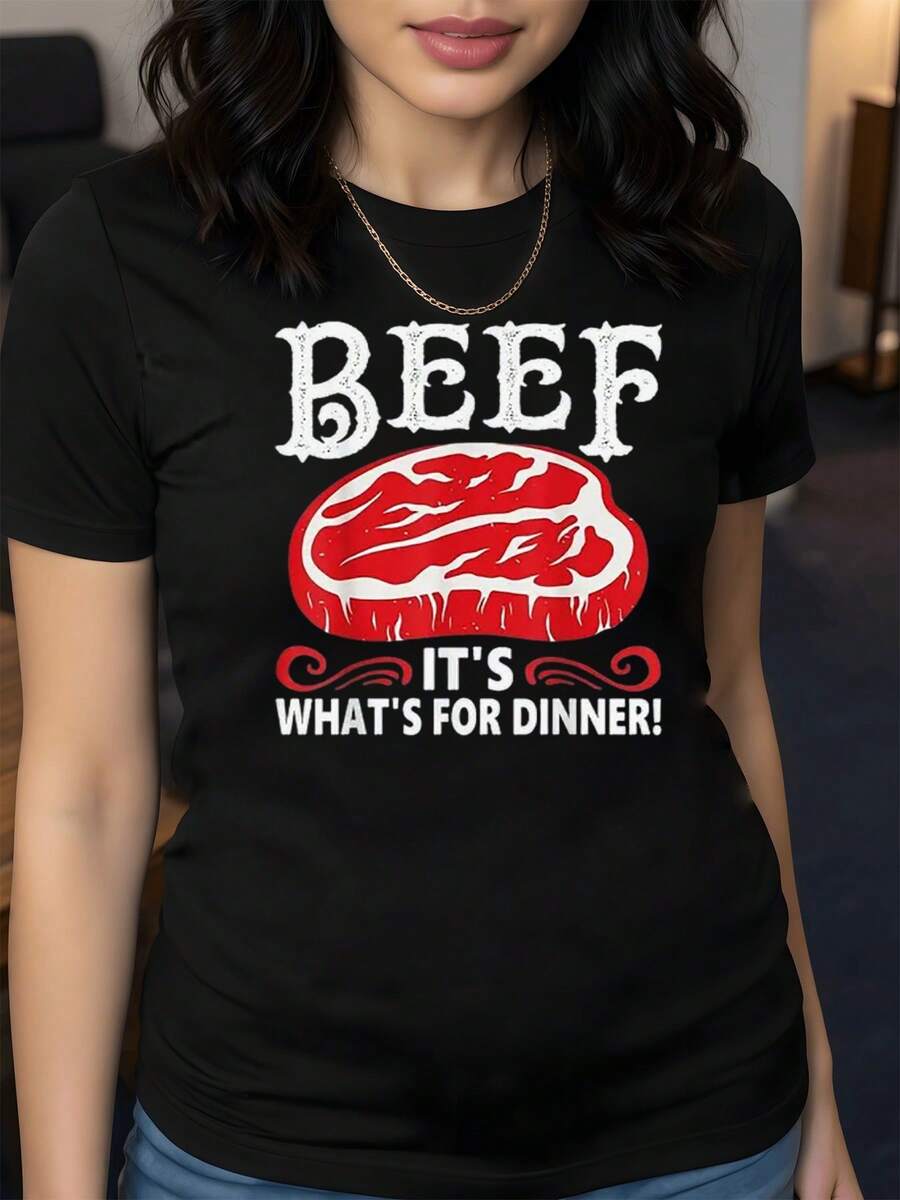 Juicy Beef With Vintage Typography That Conveys A Passion For Food And Fun Messages. Women's T-Shirt, 100% Soft Cotton. - 黑色 - 查看 1
