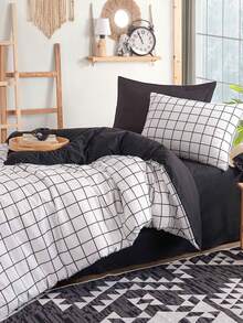 Made In Turkey-2-Piece Set With Geometric Pattern, 65% Cotton 35% Polyester, Suitable For All Seasons, Duvet Cover With Button Closure. 1 Duvet Cover (140x200cm) And 1 Pillowcase (50x70cm). Highly Breathable, Soft And Lightweight. Pillowcase Pattern Is Randomly Generated. -Artus Gri - Black - View 3