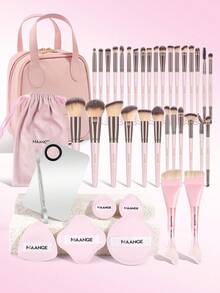 MAANGE 20/21/22/30/40/49pcs Makeup Brush Set, Includes 30pcs Professional Makeup Brushes + 1pc Velvet Makeup Bag + 1pc Facial Cleansing Pad + 1pc Facial Cleansing Bowl, Powder Brush, Blush Brush, Concealer Brush, Contour Brush, Nose Brush, Eye Shadow Brush, Eyebrow Brush, Detail Brush, Great Gift For Women And Girls - Pink - View 3