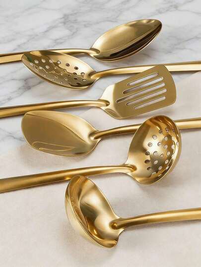 6pcs Golden Stainless Steel Kitchen Utensil Set | Korean Style Spatula, Soup Ladle, Slotted Spoon: Home Cooking Utensil Set For Soup, Stir-Fry, And Frying - Essential For Home Cooking, Buffet, Restaurant, Banquet, Party, Baking, And Serving - Perfect