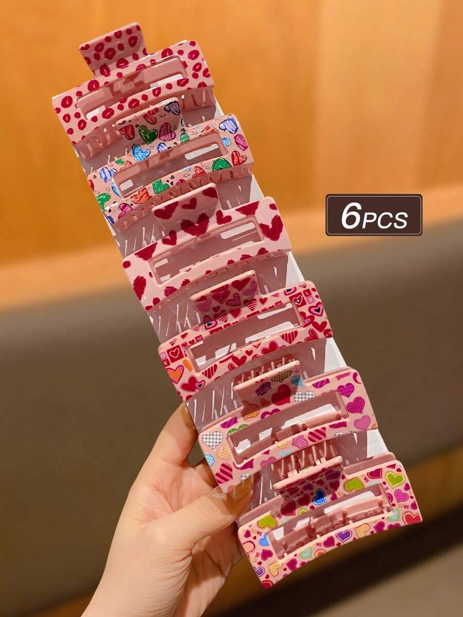 6个/套女士发夹，粉色，情人节发饰，时尚可爱，饰有爱心和嘴唇图案，中号方形，适合日常佩戴和节日派对。女士发饰，女士时尚配饰，送给她的礼物，优雅爪夹，休闲发夹，情人节缪斯 - 彩色 - 查看 1