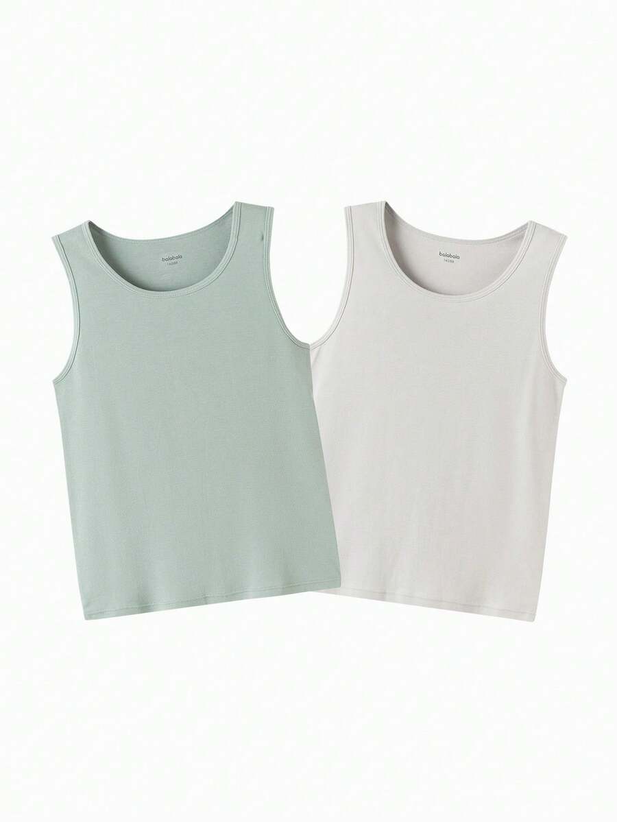 Balabala 2pcs Kids' Cotton Sleeveless Undershirt, Soft & Breathable, Suitable For Boys & Girls - Gray Green Tone - View 1