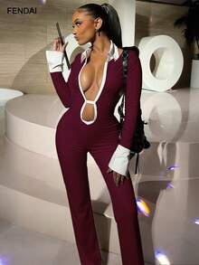 FENDAI Women's Standard Size Autumn Fashion Sexy Lapel Hollow Out Backless Contrast Color Bodysuit, New Year Clothes, Christmas Clothes - Burgundy - View 5