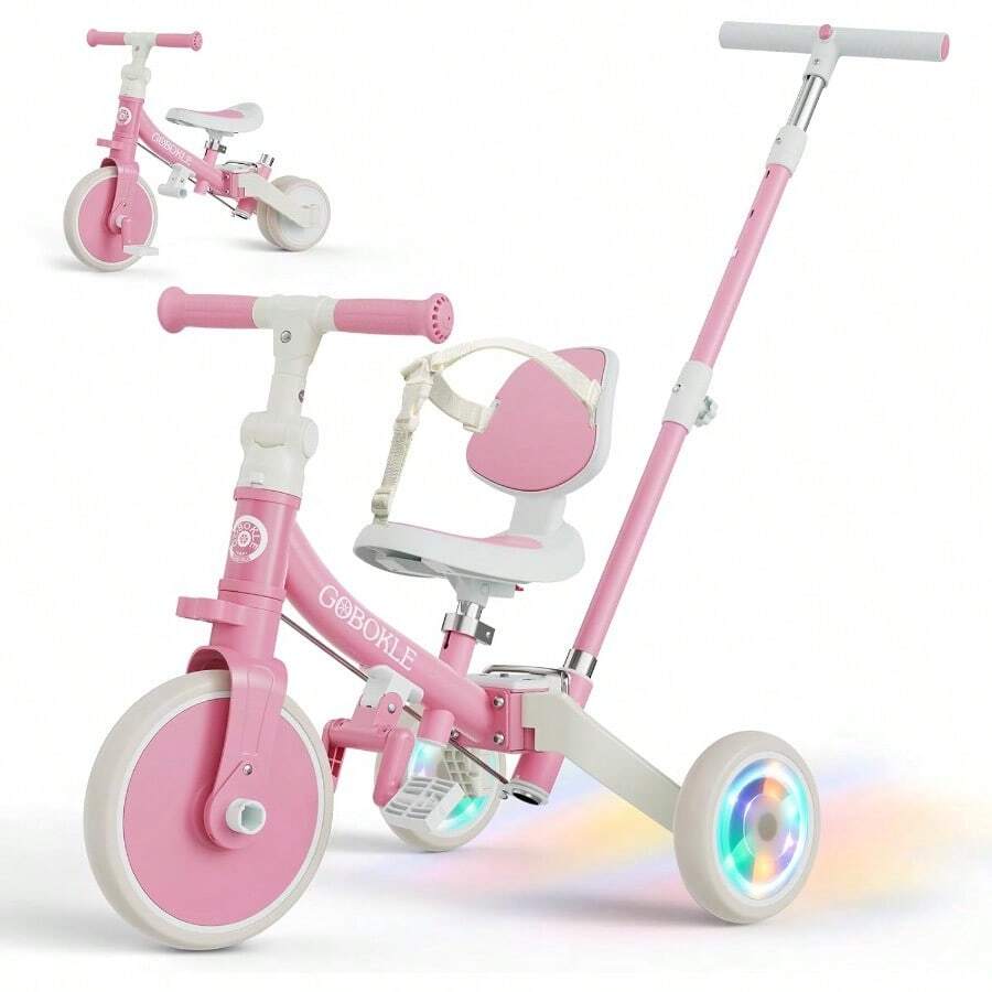 Kids TricyclesTriciclo 5 en 1 para niños pequeños de 1 a 3 bicicleta convertible con mango de empuje y pedales extraíbles bicicleta de equilibrio con ruedas de iluminación coloridas altura ajustable del - Rosa - Ver 1