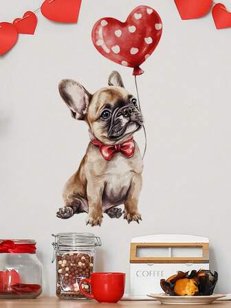 1 PIEZA Pegatina decorativa de pared con globo de perrito de acuarela para el Día de San Valentín, para dormitorio, sala de estar y entrada - Autoadhesiva, resistente al desgaste, fácil de limpiar, imprescindible y divertida para parejas y decoración del hogar.