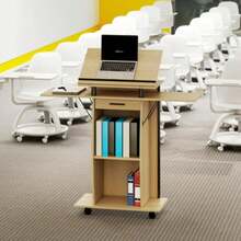 Rolling Podium Stand, Lectern With Folding Side Wings, Laptop Table With Drawer And Shelves, Oak Look - Khaki - View 4