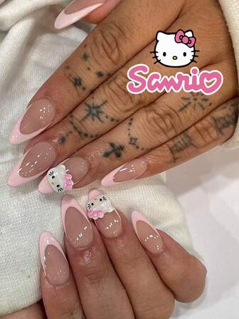  24PCS Short Almond False Nail HelloKitty Pink French Sanrio Pointed Nail Art Cute Chrome Alloy Acrylic Press On Nail Gel Nail Art Nail Supplies Nail Set (Attached: A Piece Of Jelly Gel And File) Suitable For Women's Daily Date Party