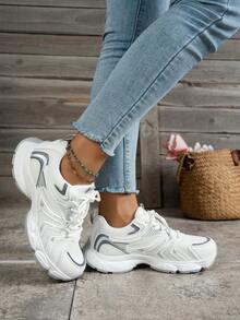 2024春夏新款软皮厚底运动鞋，女士透气网面跑步鞋，休闲运动鞋 - 灰色 - 查看 11