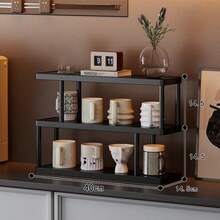 3-Tier Modern Black Storage Rack, Multi-Layer Shelf - Freestanding Multilayer Storage Rack, Black Frame, Suitable For Kitchen, Bathroom And Bedroom - Space-Saving Home Decor Shelving Unit, Simple Design, Durable, Easy To Clean, Combines Aesthetics And Functionality, A Versatile Compact Storage Solution. Great For Displaying Books, Cups And Small Items. Desktop Organizer, Multifunctional Desktop Storage Rack. With Cup Holder. - Black - View 9